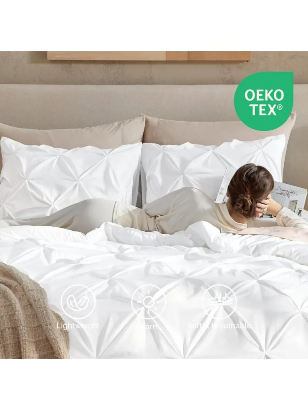 Luxurious Queen White Pinch Pleat Comforter Set - 3 Piece Bedding Ensemble